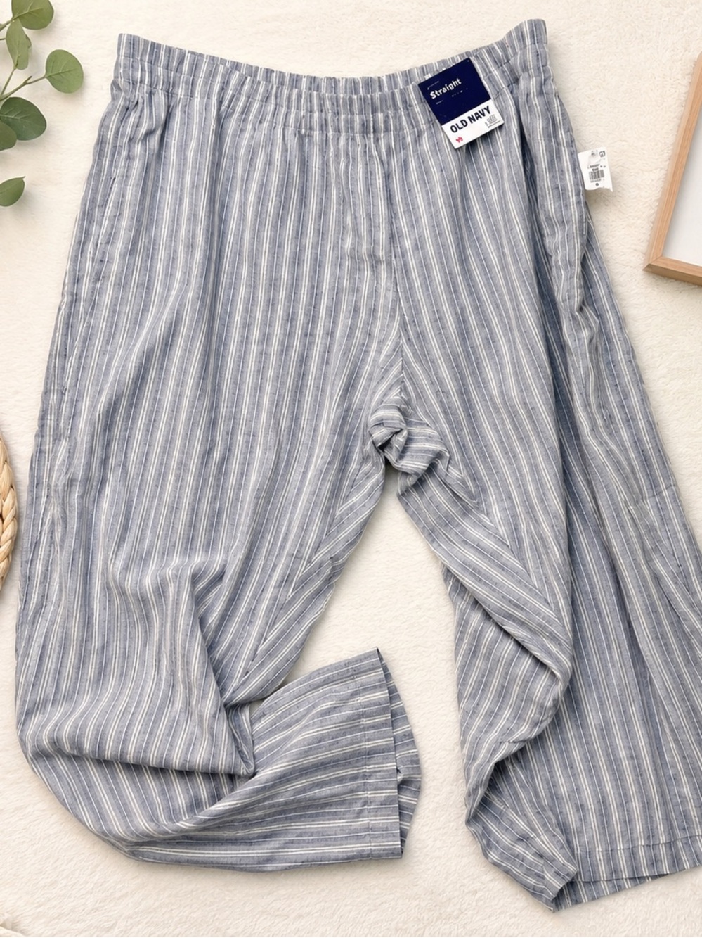 Old Navy Blue and White Striped Straight-Leg Linen Pants
